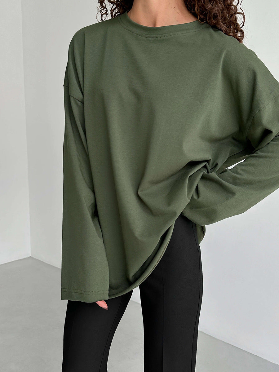 Oversized Crew Neck Long Sleeve Cotton Tunic Tee - Green - 3