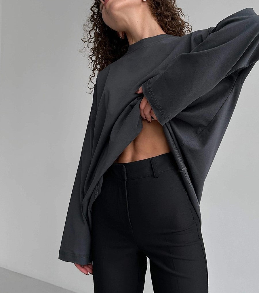 Oversized Crew Neck Long Sleeve Cotton Tunic Tee - Grey