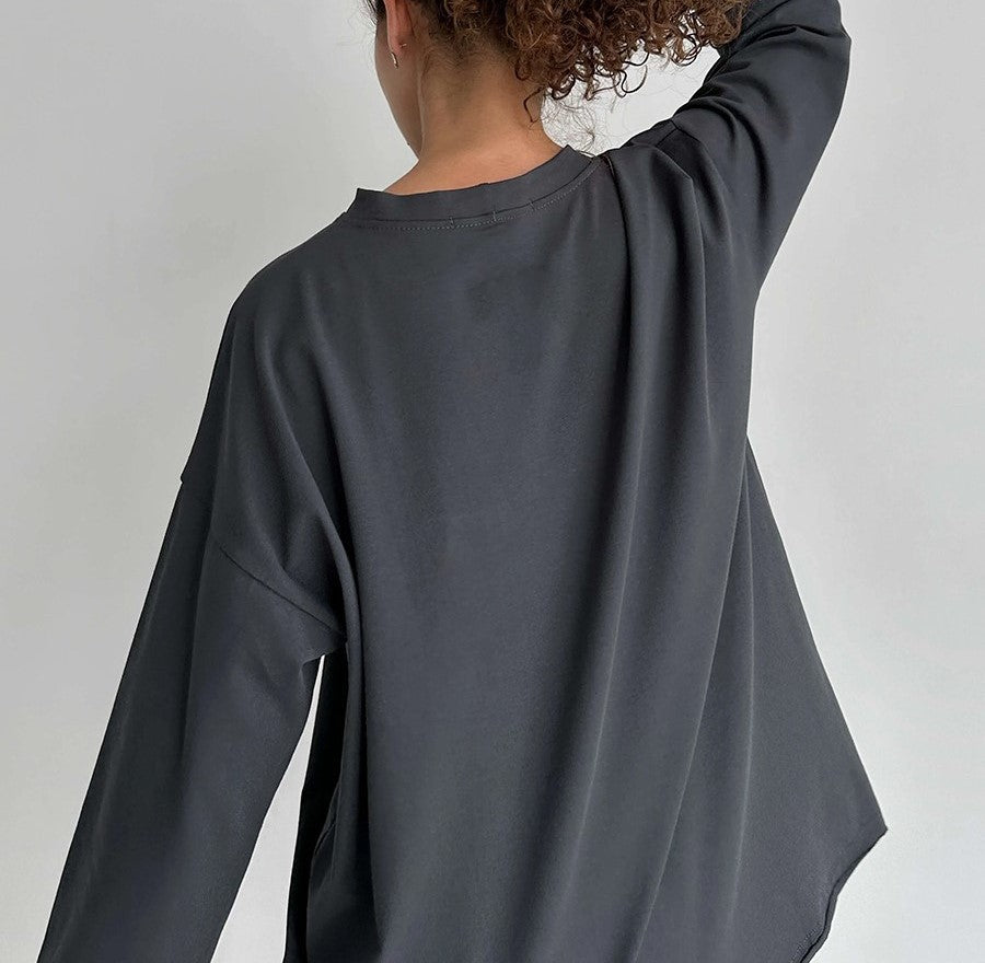 Oversized Crew Neck Long Sleeve Cotton Tunic Tee - Grey - 1