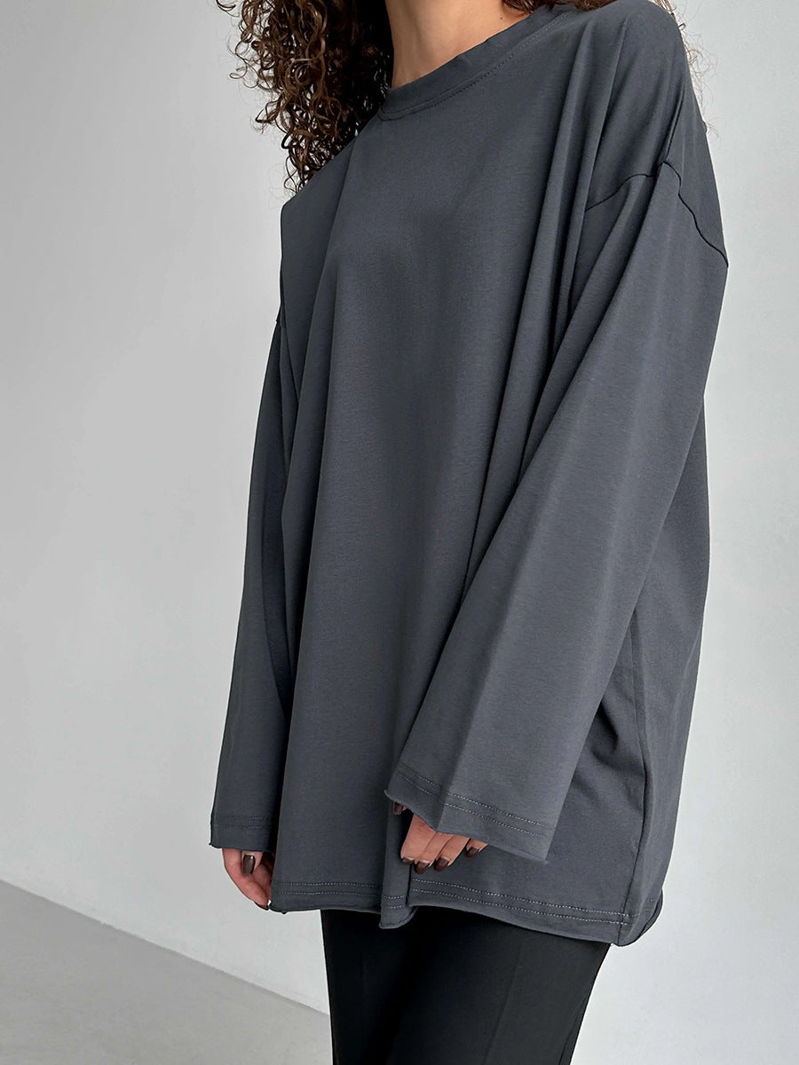 Oversized Crew Neck Long Sleeve Cotton Tunic Tee - Grey - 2