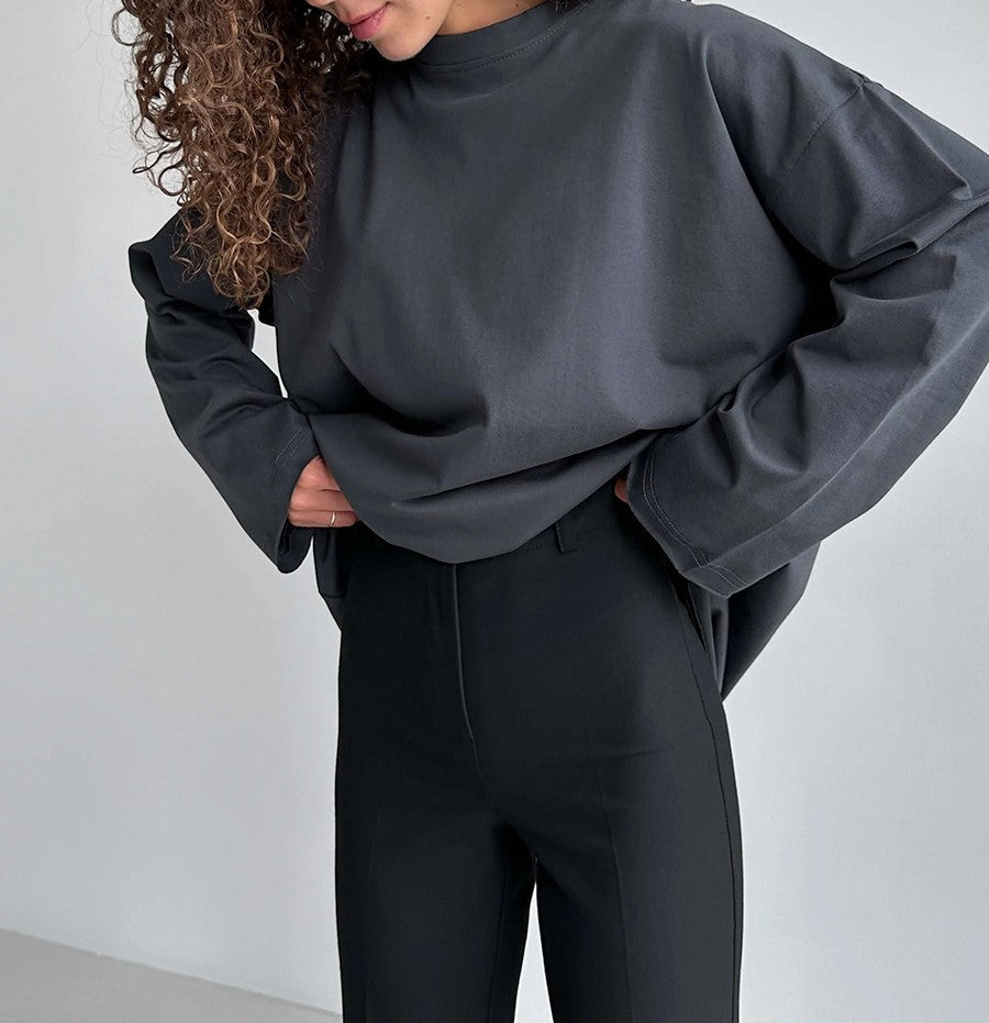 Oversized Crew Neck Long Sleeve Cotton Tunic Tee - Grey - 3