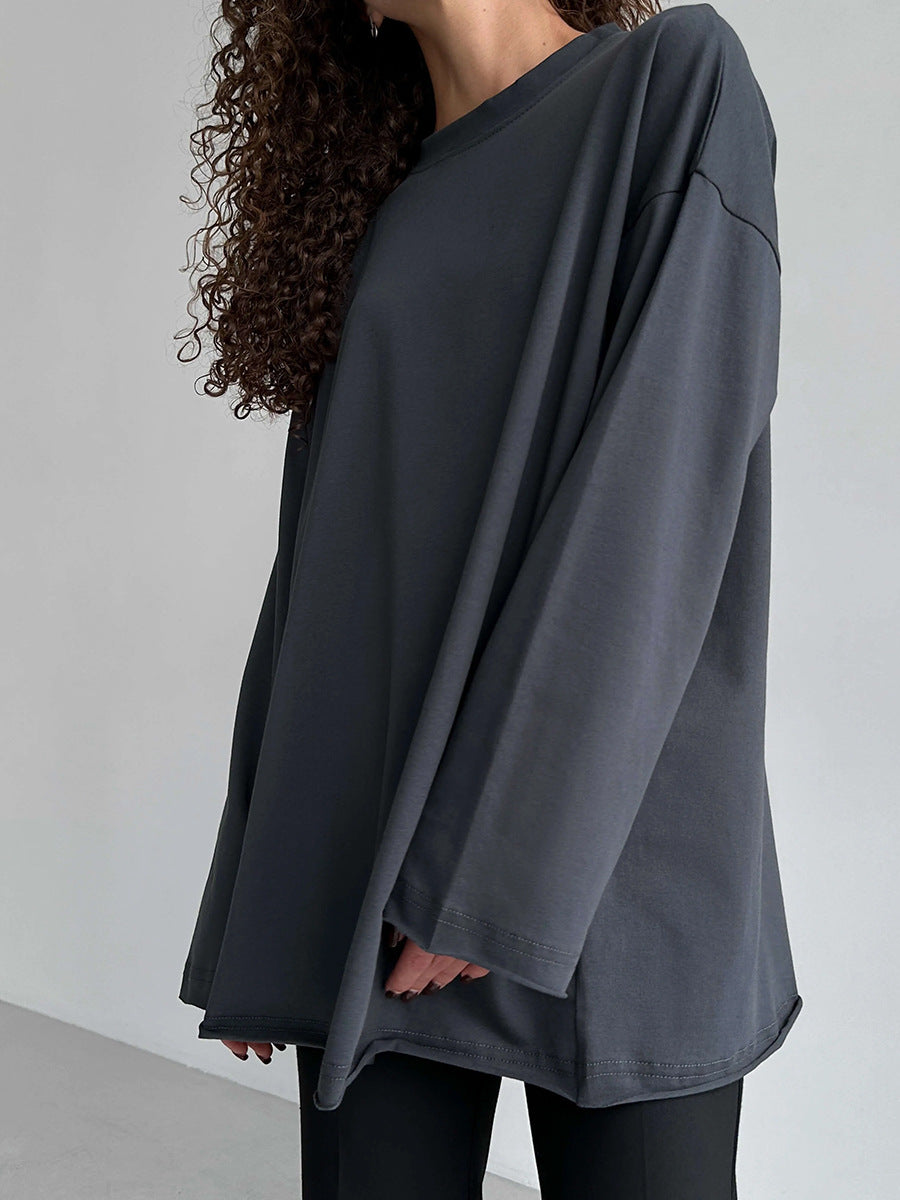 Oversized Crew Neck Long Sleeve Cotton Tunic Tee - Grey - 4