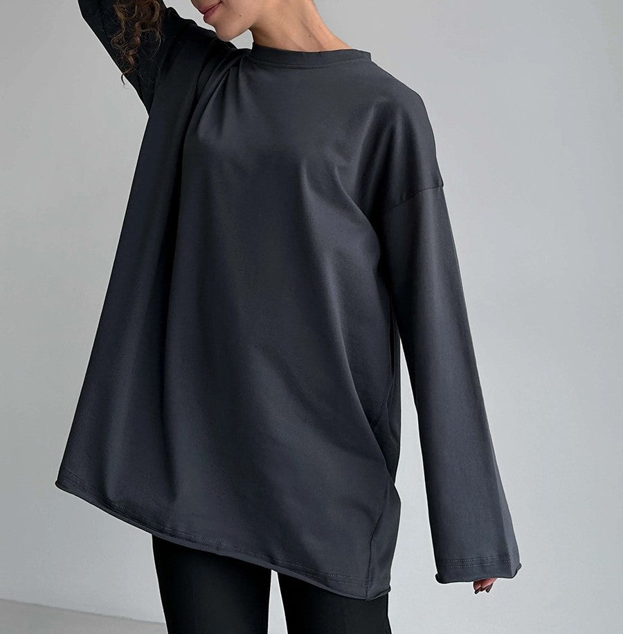 Oversized Crew Neck Long Sleeve Cotton Tunic Tee - Grey - 5