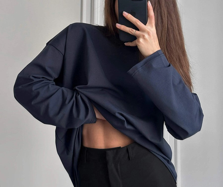 Oversized Crew Neck Long Sleeve Cotton Tunic Tee - Navy blue - 1