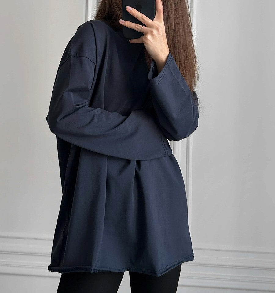 Oversized Crew Neck Long Sleeve Cotton Tunic Tee - Navy blue - 2
