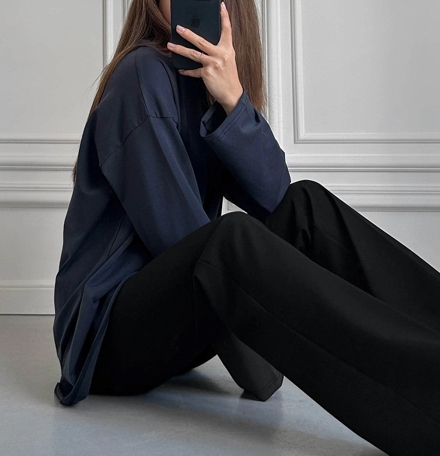 Oversized Crew Neck Long Sleeve Cotton Tunic Tee - Navy blue - 3