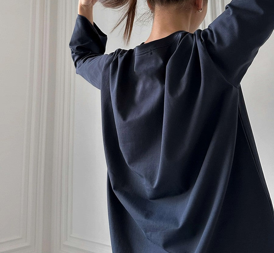 Oversized Crew Neck Long Sleeve Cotton Tunic Tee - Navy blue - 4