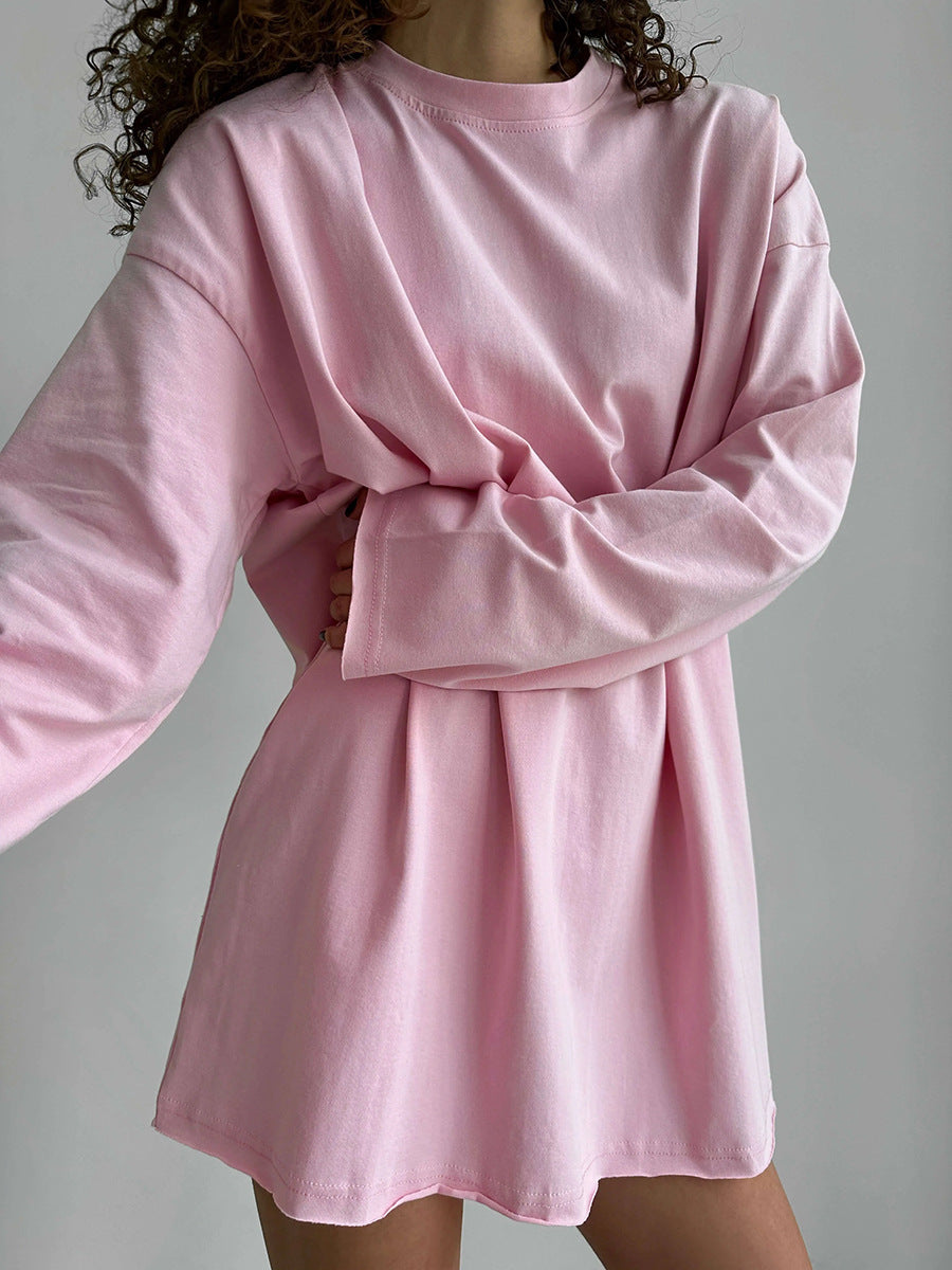 Oversized Crew Neck Long Sleeve Cotton Tunic Tee - Pink
