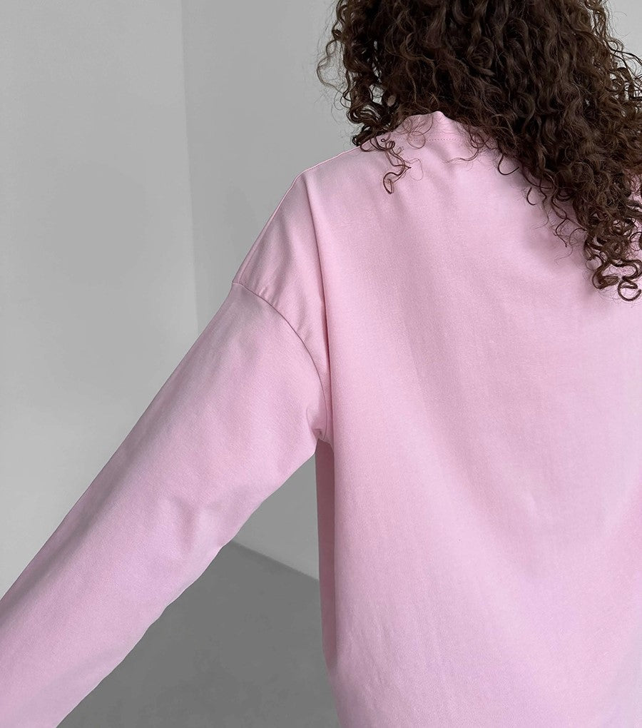Oversized Crew Neck Long Sleeve Cotton Tunic Tee - Pink - 1