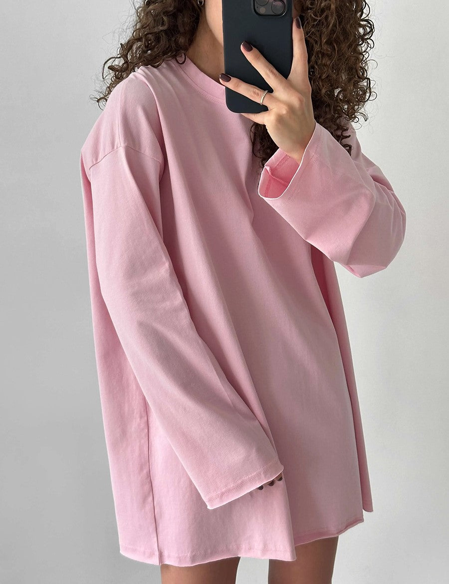 Oversized Crew Neck Long Sleeve Cotton Tunic Tee - Pink - 2