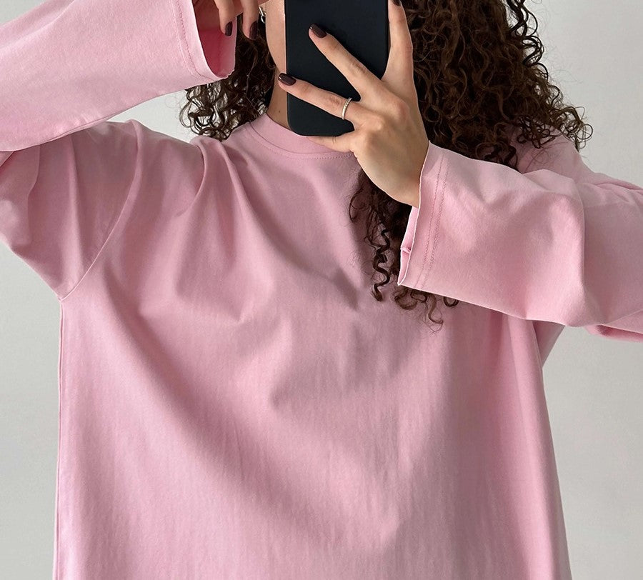 Oversized Crew Neck Long Sleeve Cotton Tunic Tee - Pink - 3