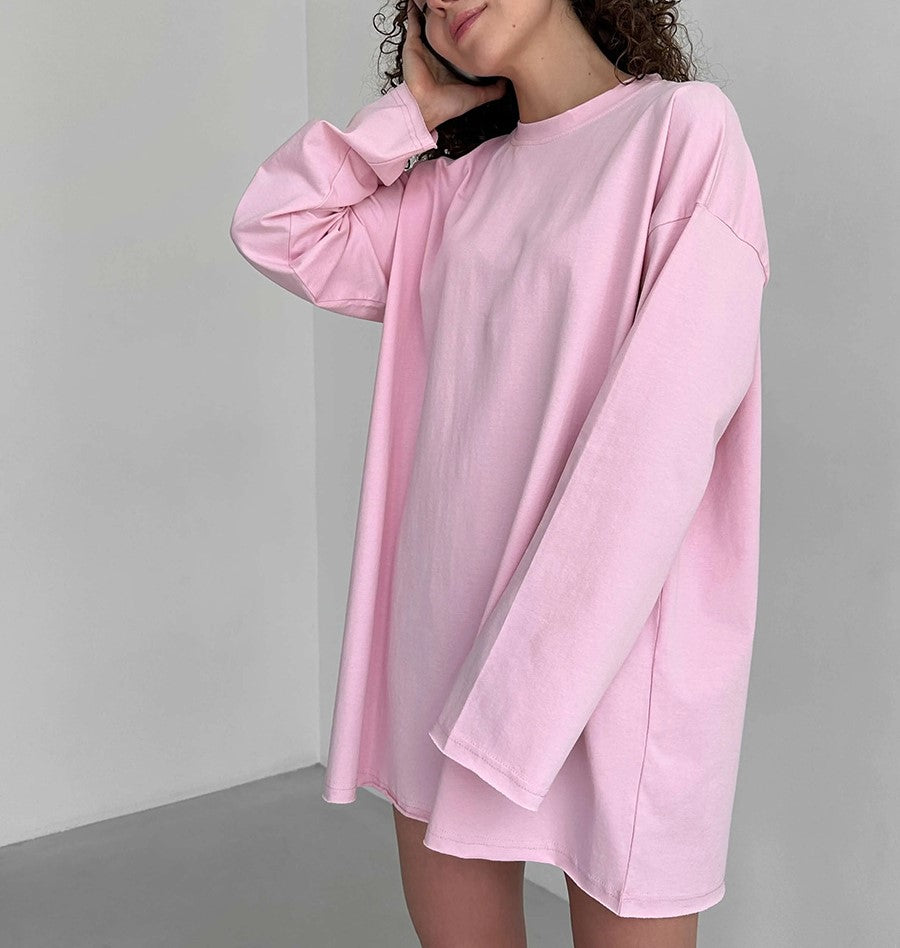 Oversized Crew Neck Long Sleeve Cotton Tunic Tee - Pink - 4