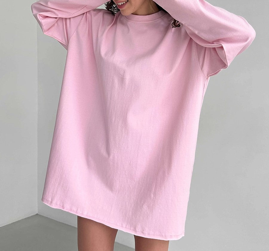 Oversized Crew Neck Long Sleeve Cotton Tunic Tee - Pink - 5