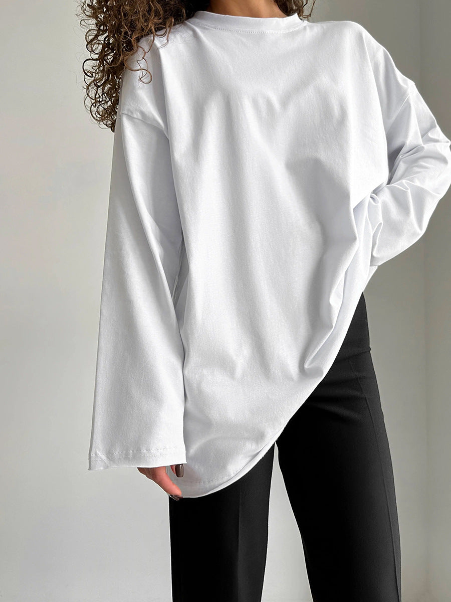 Oversized Crew Neck Long Sleeve Cotton Tunic Tee - White
