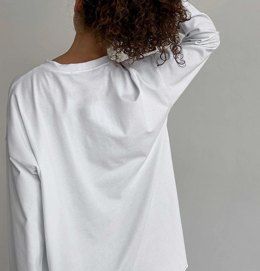 Oversized Crew Neck Long Sleeve Cotton Tunic Tee - White - 1