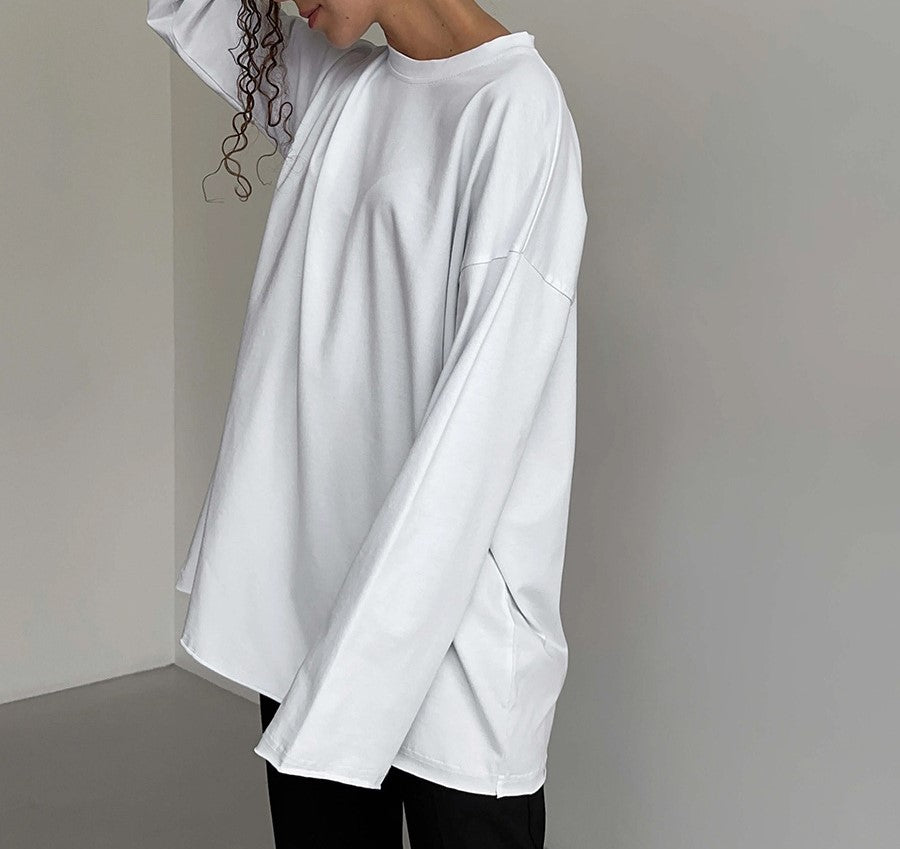 Oversized Crew Neck Long Sleeve Cotton Tunic Tee - White - 2