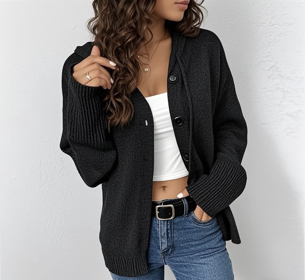 Slouchy Chunky Knit Drop Shoulder Cardigan - Black