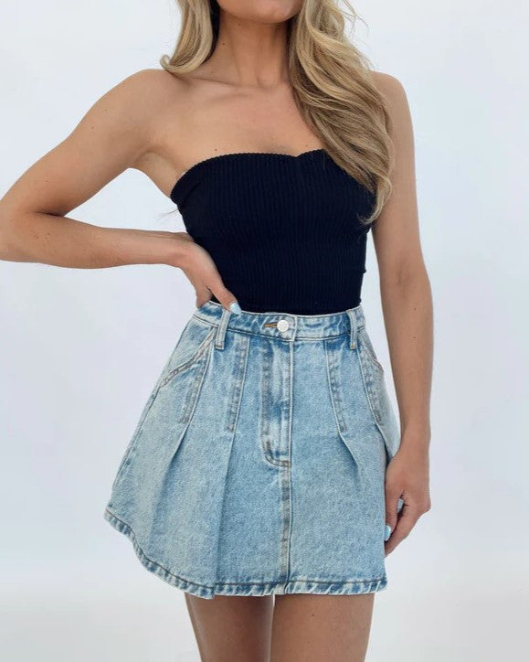 High Waist Pleated Denim Mini Skirt - Blue - 2