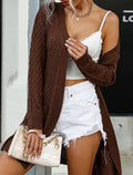 Cable Knit Longline Open Front Cardigan - Coffee