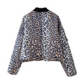 Leopard Print Rib Collar Bomber Jacket - Brown