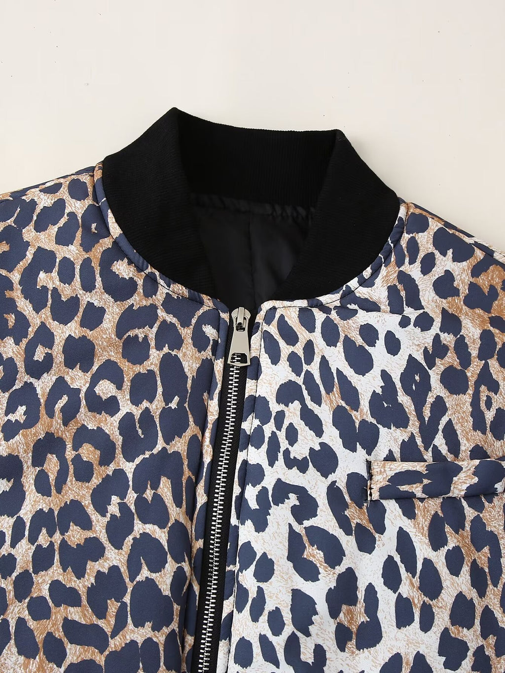 Leopard Print Rib Collar Bomber Jacket - Brown - 1