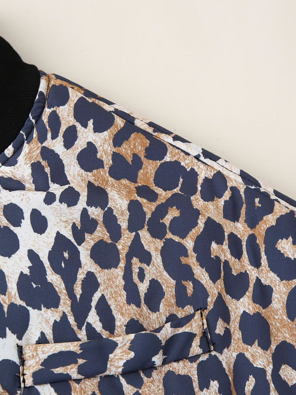 Leopard Print Rib Collar Bomber Jacket - Brown - 2