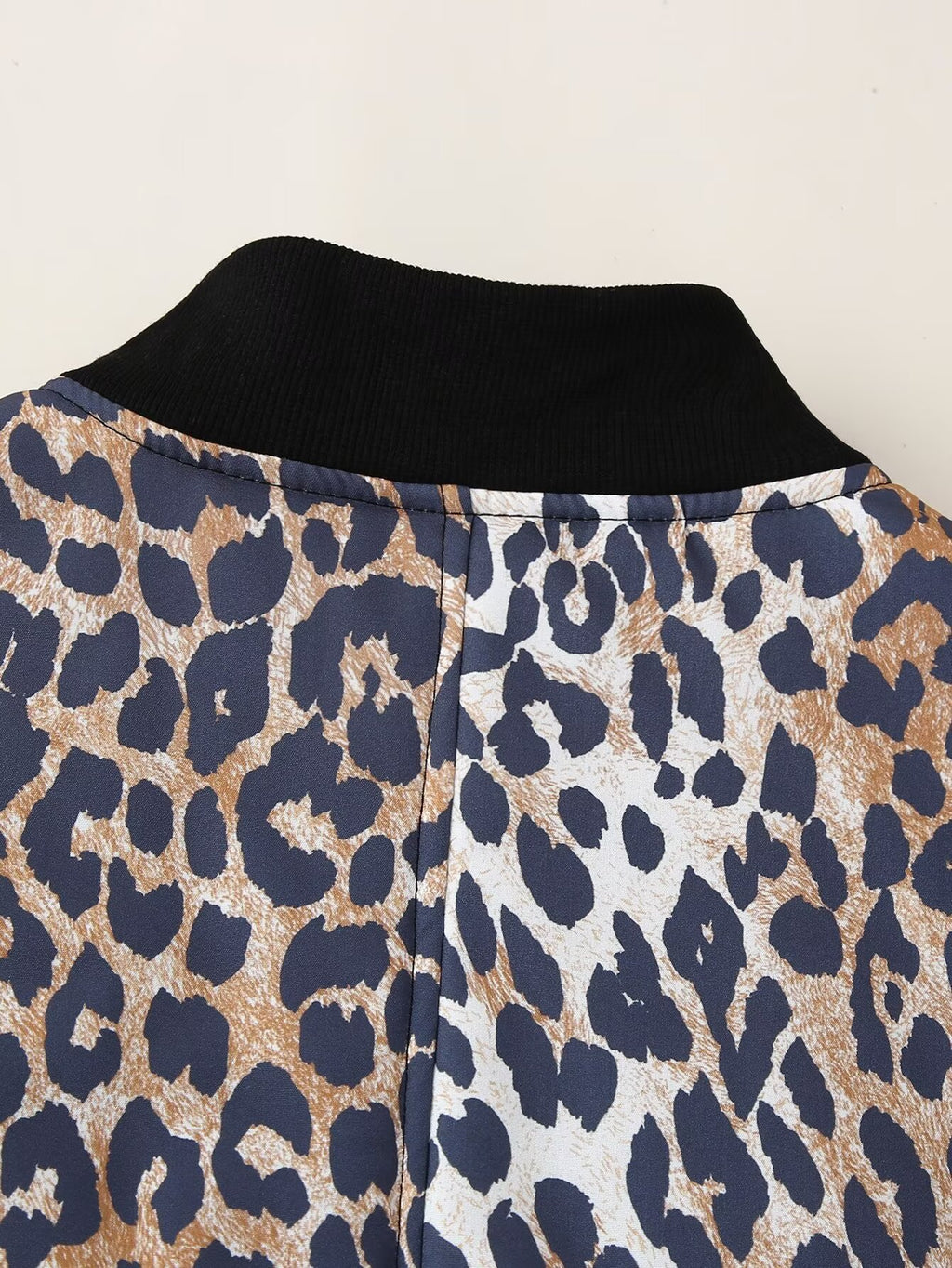 Leopard Print Rib Collar Bomber Jacket - Brown - 7