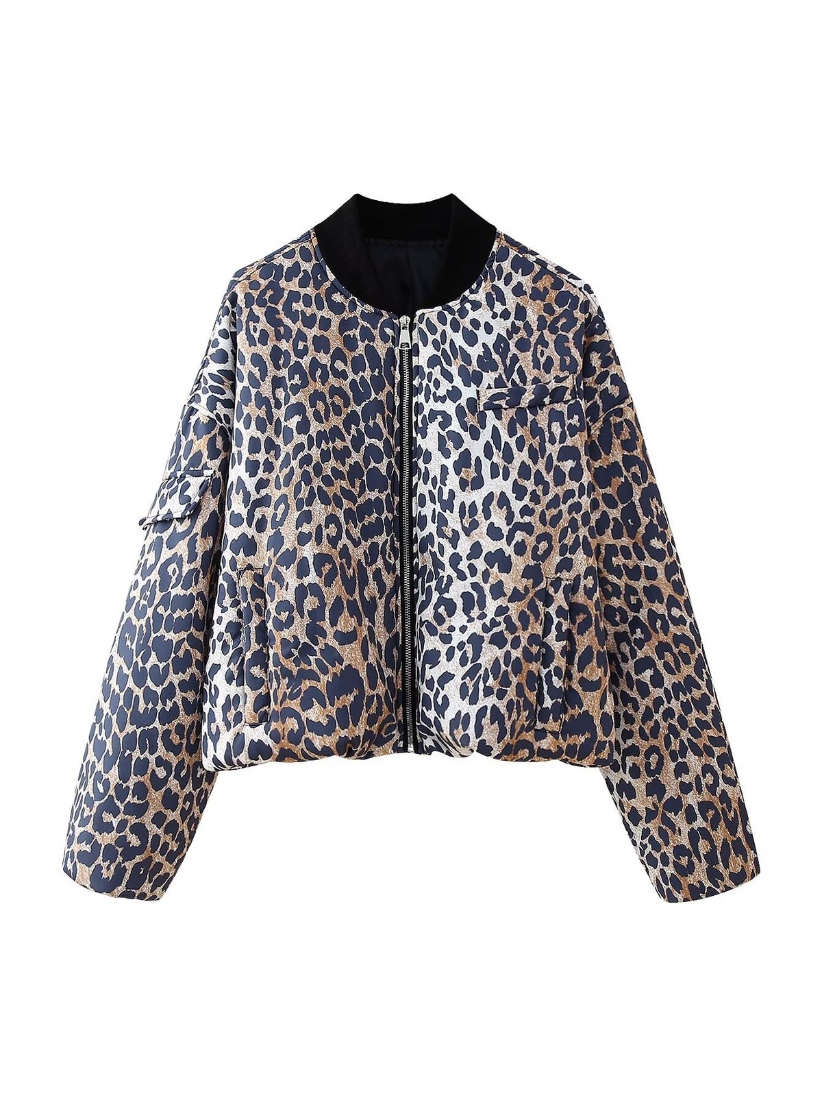 Leopard Print Rib Collar Bomber Jacket