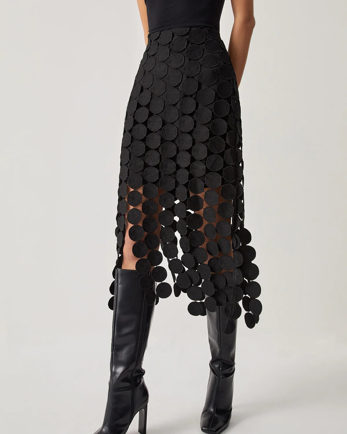 Paillette Fringe Sheer Mesh Midi Skirt - Black
