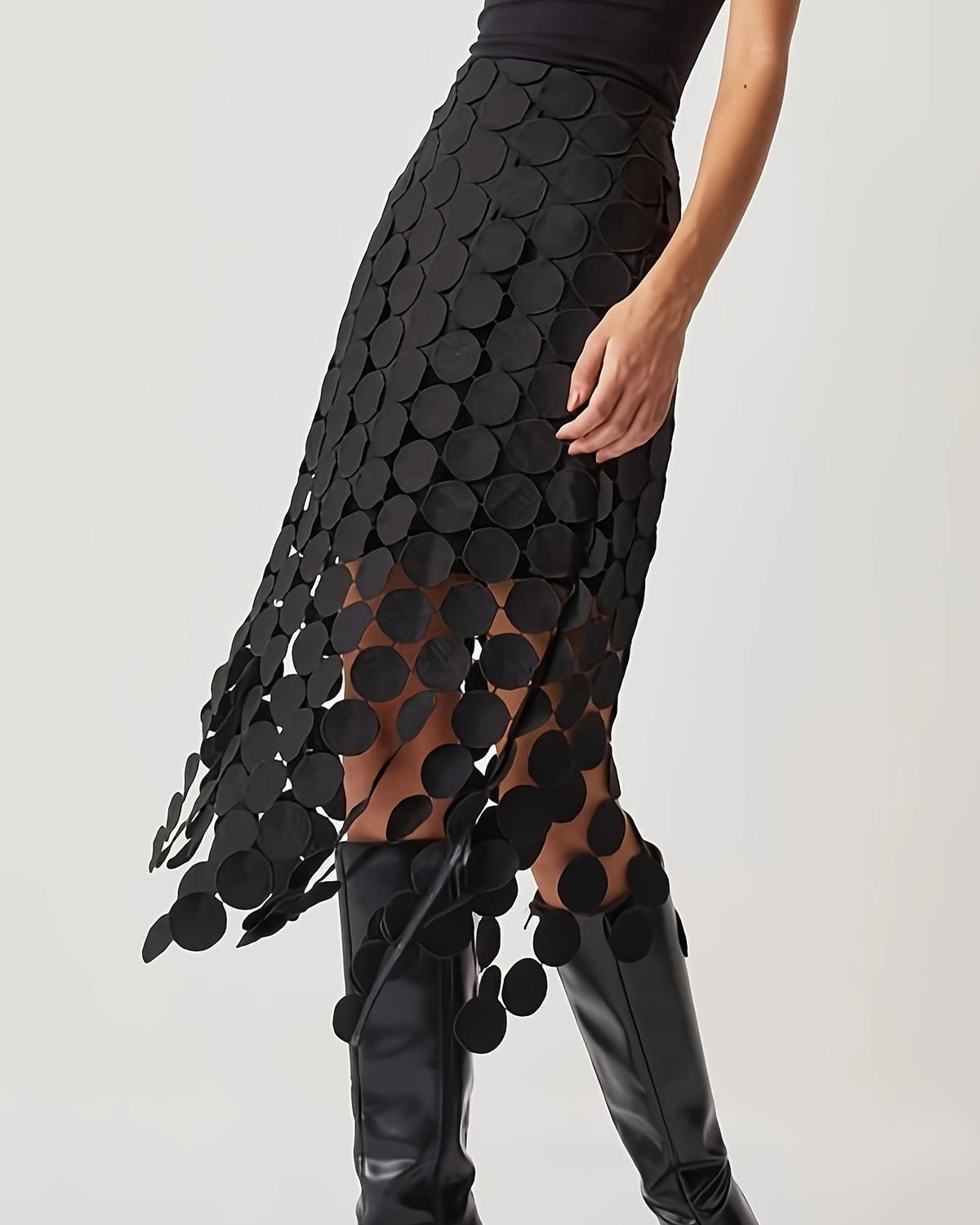 Paillette Fringe Sheer Mesh Midi Skirt - Black - 1