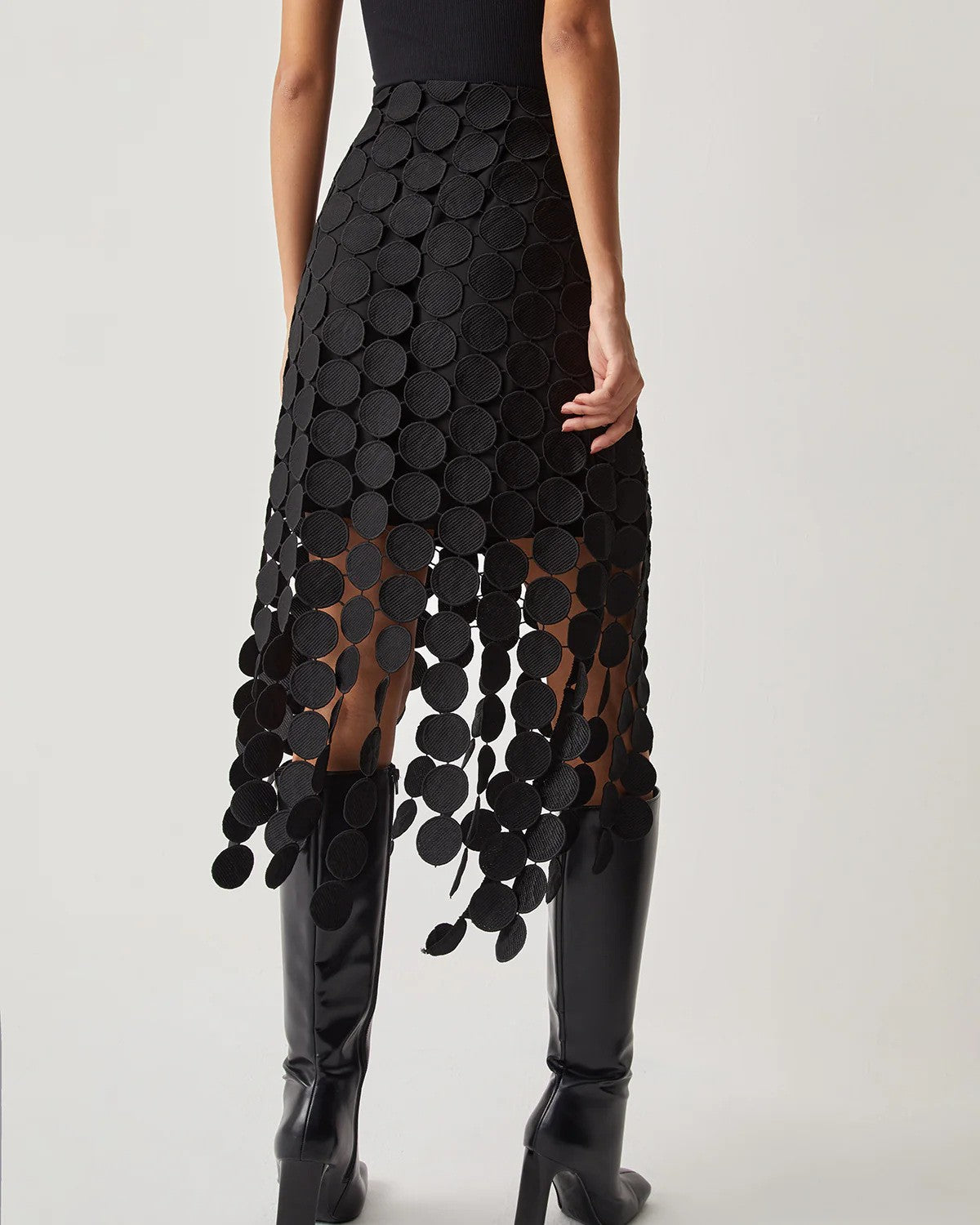 Paillette Fringe Sheer Mesh Midi Skirt - Black - 2
