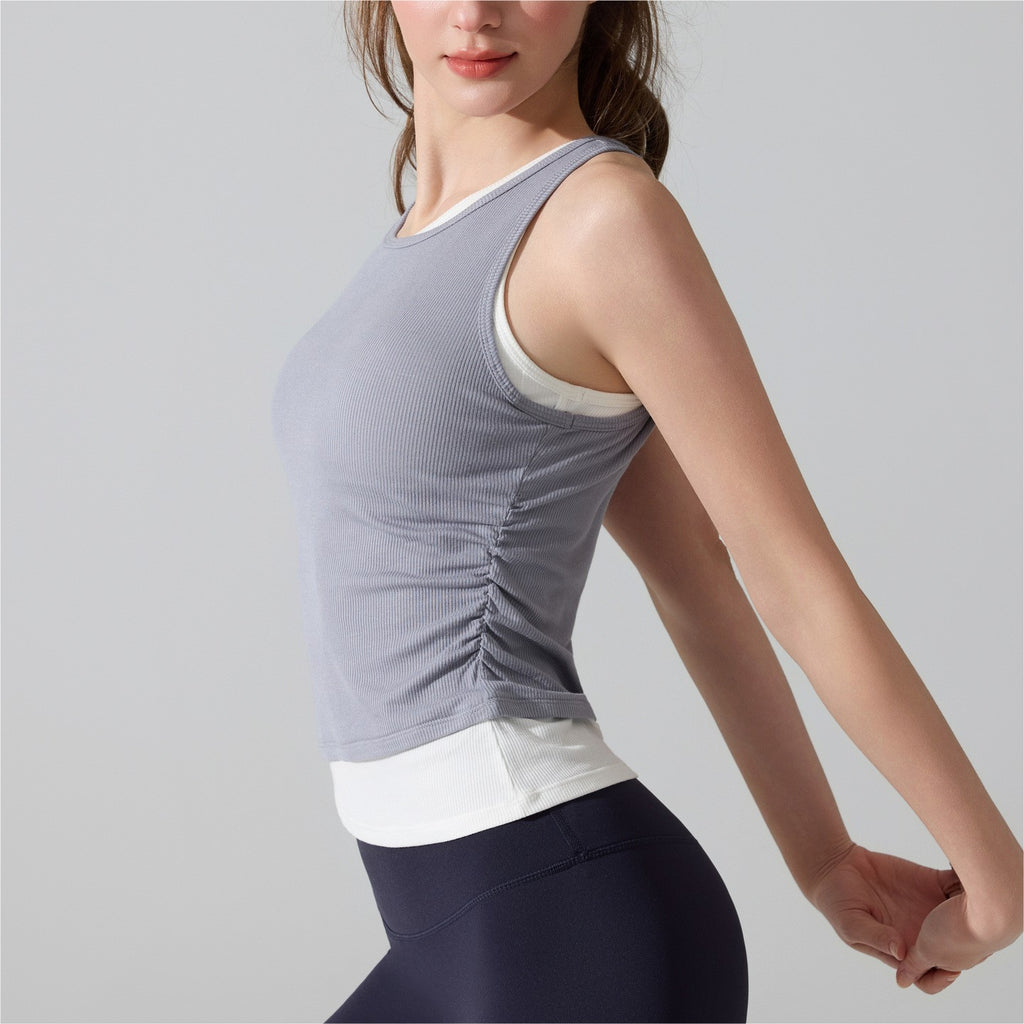 Ribbed Ruched Layered Workout Tank With Built-In Cups