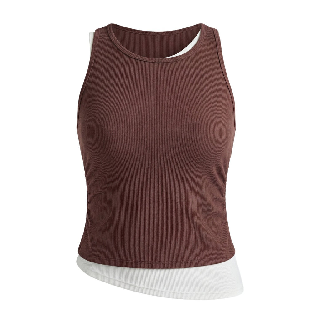Ribbed Ruched Layered Workout Tank With Built-In Cups
