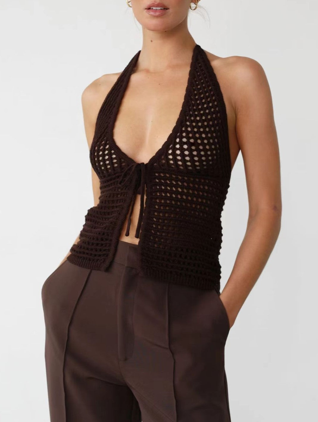 Open Knit Halter Tie Front Vest - Curry