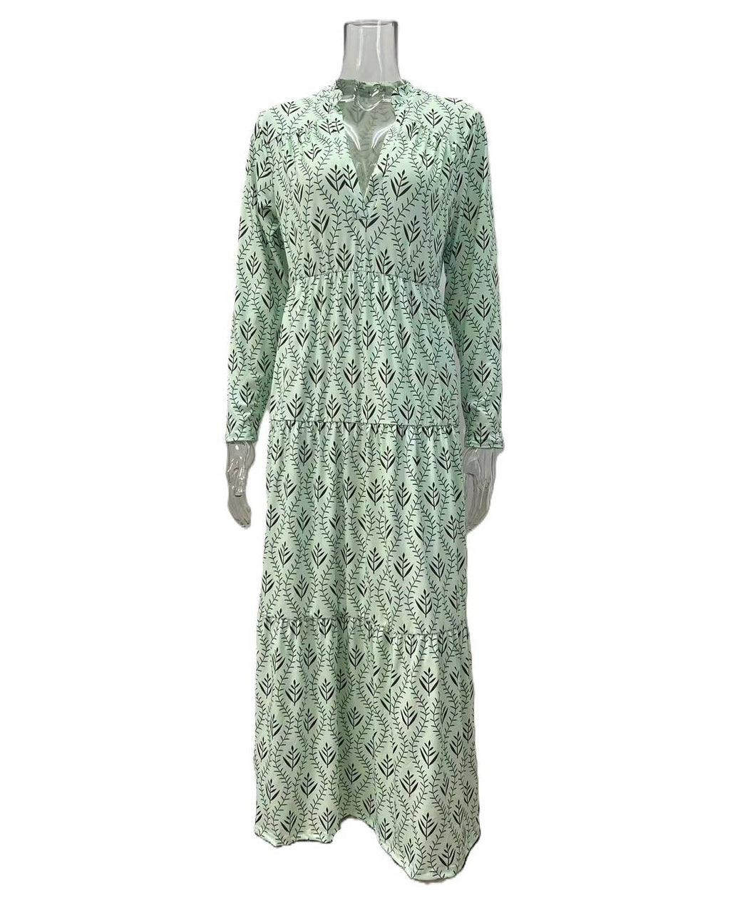 Block Print Tiered Long Sleeve Maxi Dress - Green