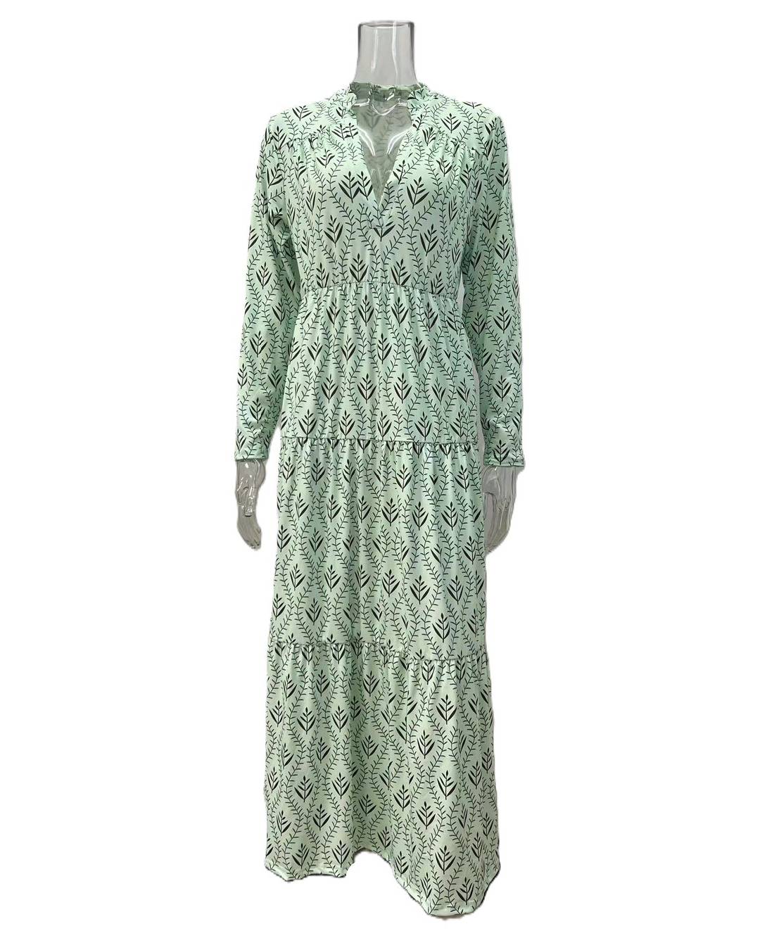 Block Print Tiered Long Sleeve Maxi Dress - Green