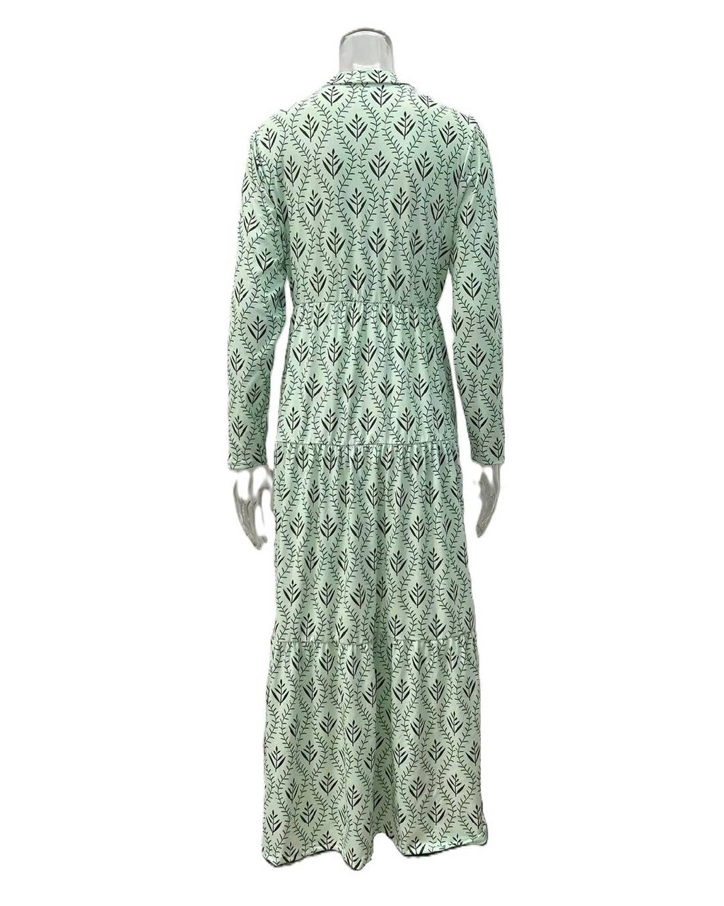 Block Print Tiered Long Sleeve Maxi Dress - Green - 1