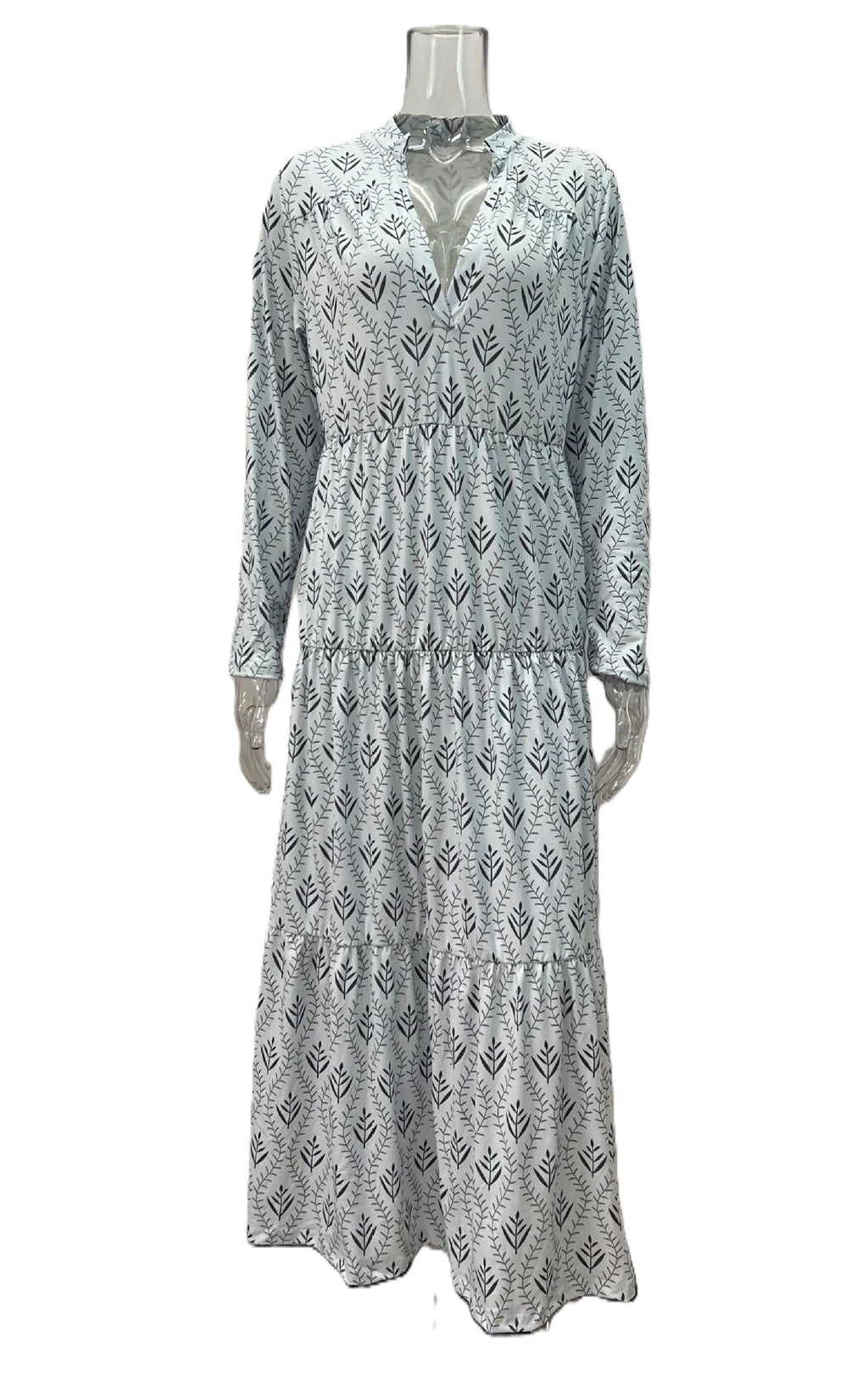 Block Print Tiered Long Sleeve Maxi Dress - Grey
