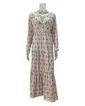 Block Print Tiered Long Sleeve Maxi Dress - Pink