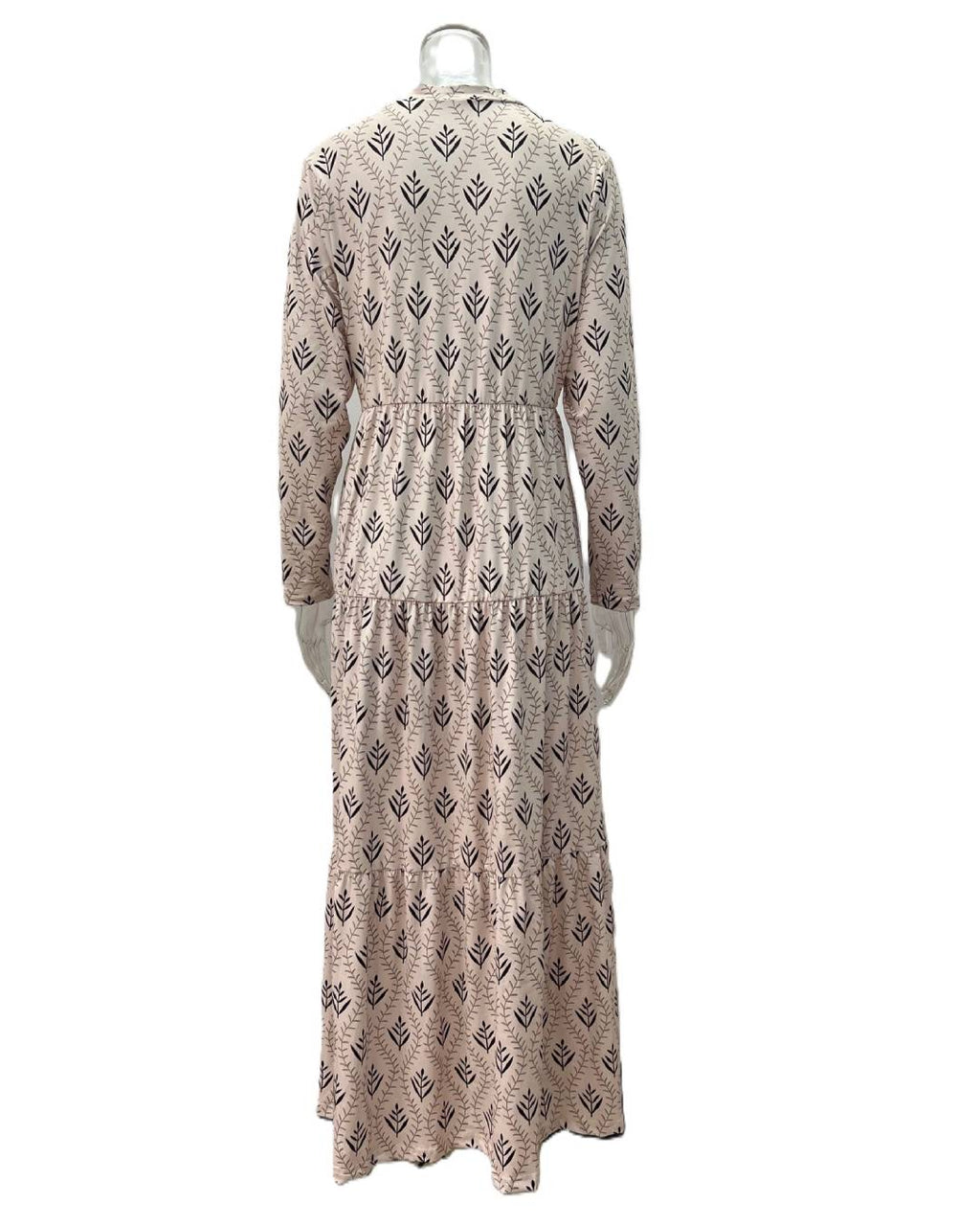 Block Print Tiered Long Sleeve Maxi Dress - Pink - 1