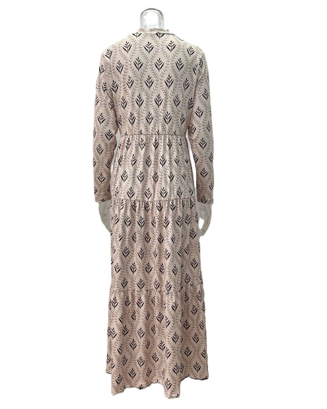 Block Print Tiered Long Sleeve Maxi Dress - Pink - 1