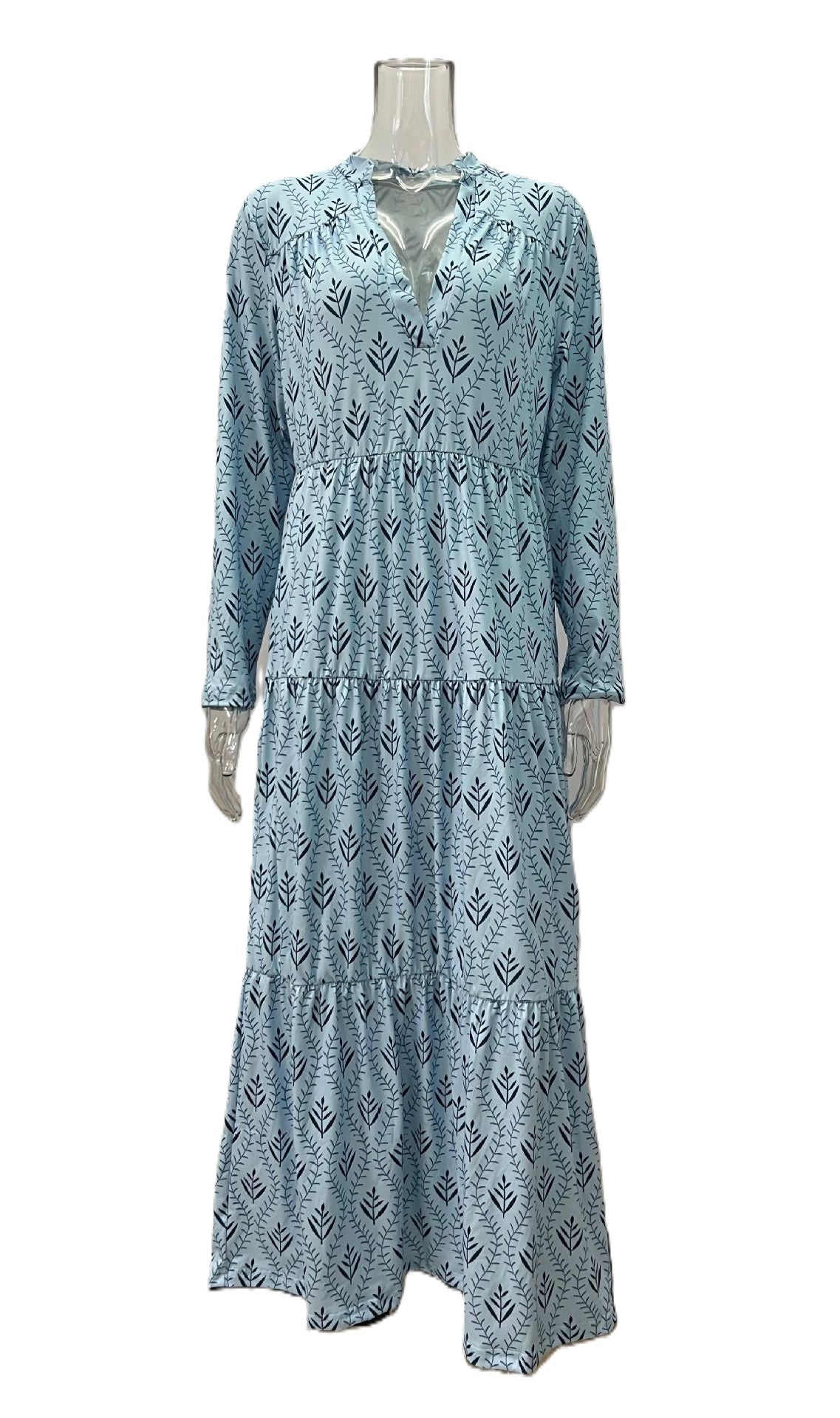 Block Print Tiered Long Sleeve Maxi Dress - Sky Blue