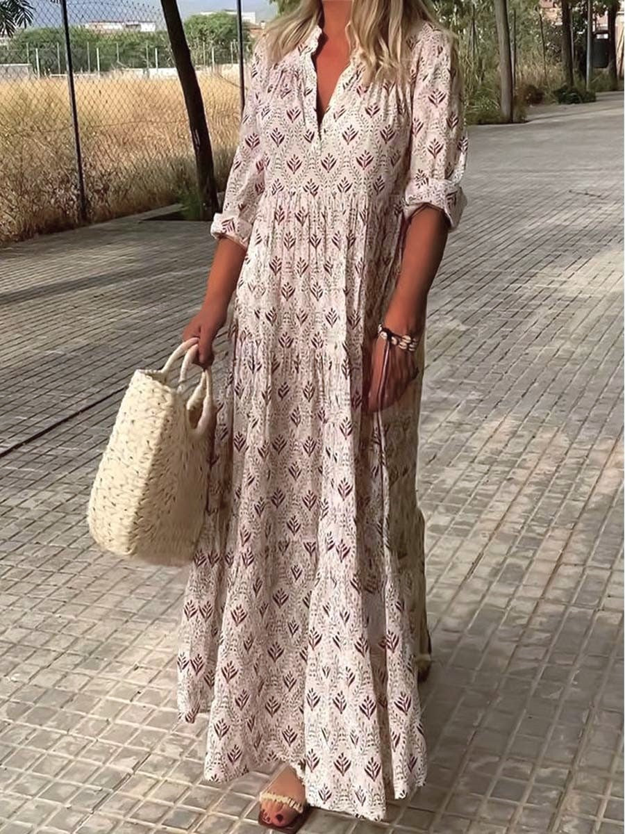 Block Print Tiered Long Sleeve Maxi Dress