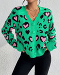 Leopard Heart Jacquard Button Front Cardigan - Green