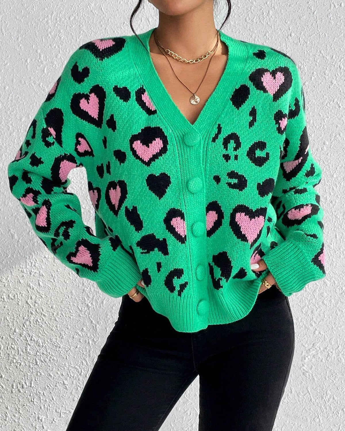 Leopard Heart Jacquard Button Front Cardigan - Green
