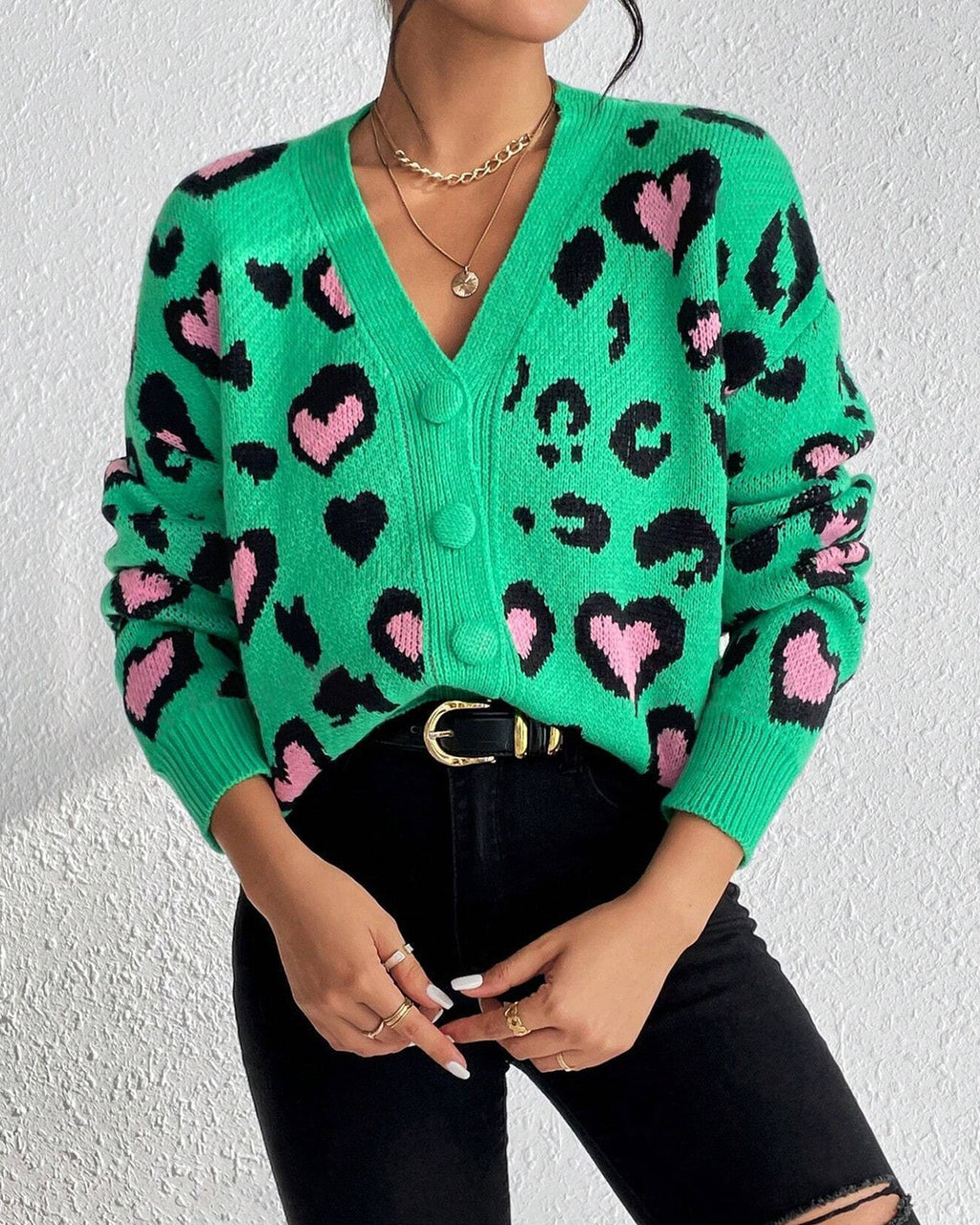 Leopard Heart Jacquard Button Front Cardigan - Green - 1