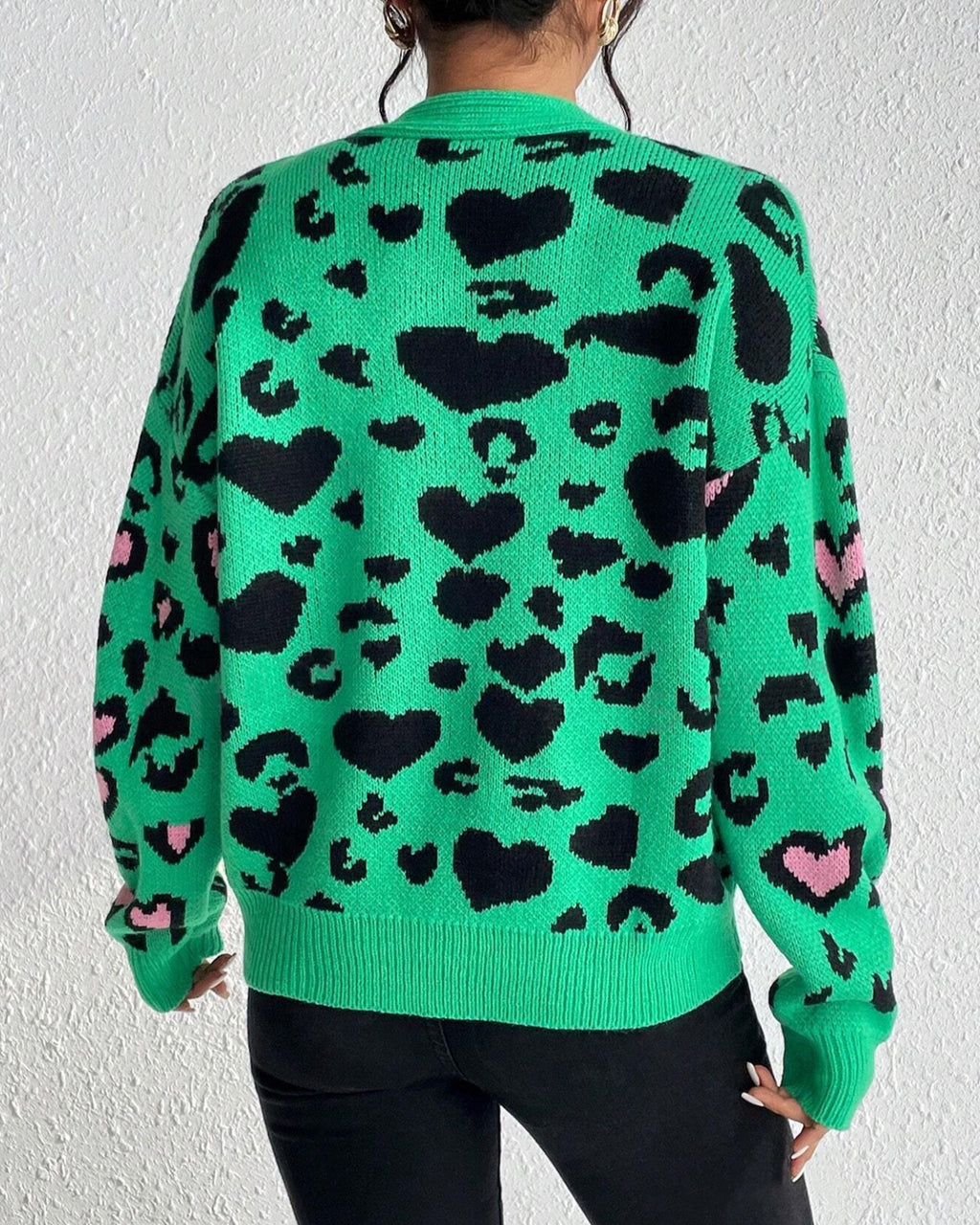 Leopard Heart Jacquard Button Front Cardigan - Green - 2