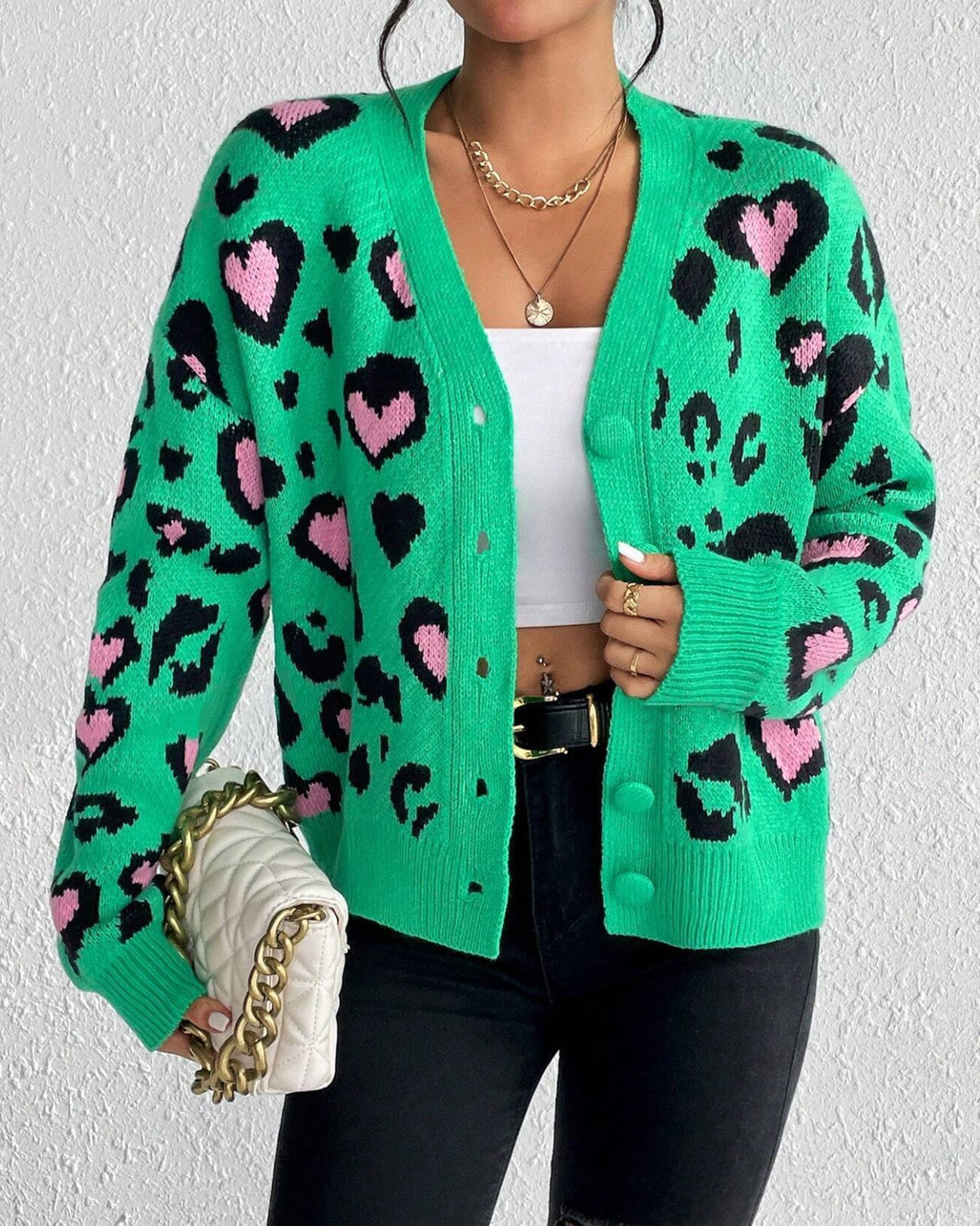 Leopard Heart Jacquard Button Front Cardigan - Green - 3