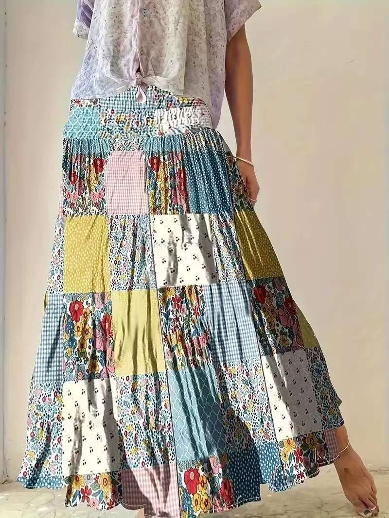 Smocked Waist Floral Patchwork Maxi Skirt - view 1