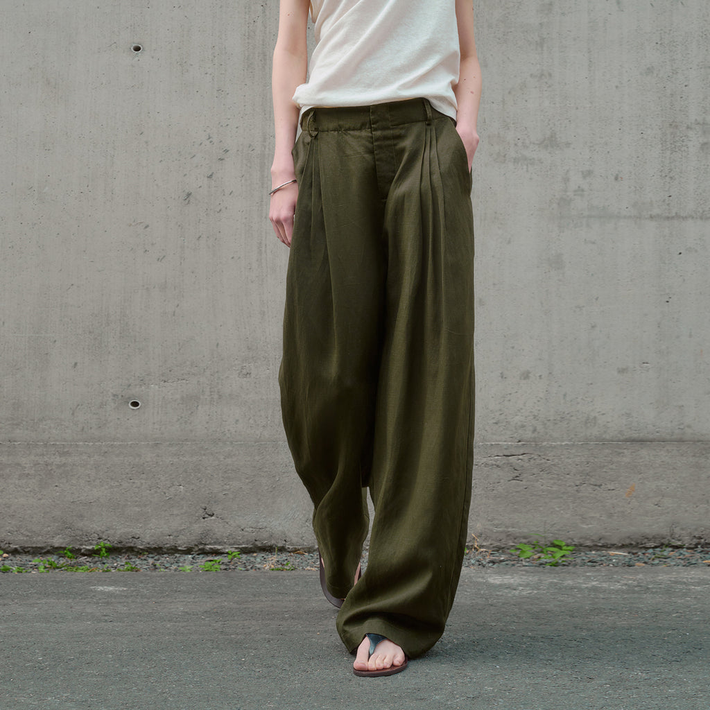Tencel Blend Pleated Wide Leg Trousers - Green